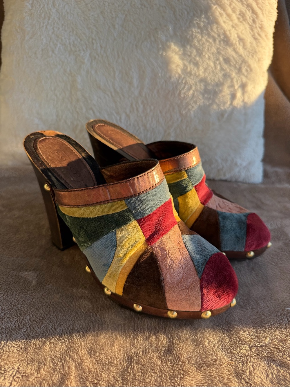 Coach Patchwork Velvet High-Heel wooden clog mules